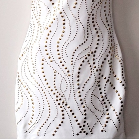 Bebe Bodycon Embellished White Gold Studded One Shoulder Dress S NWT - Picture 8 of 8